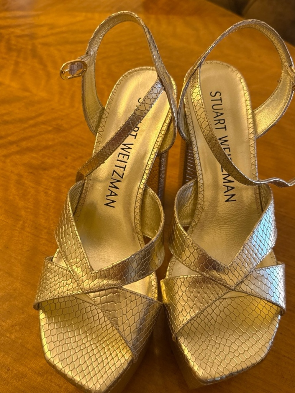 Stuart Weitzman Metallic Gold Snake-Embossed Platform Slingback Heels